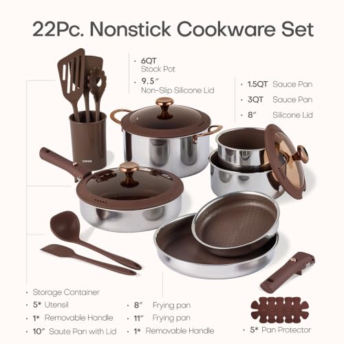 Brown 22-Piece Hybrid Nonstick Pots and Pans Set - Induction & Oven Safe