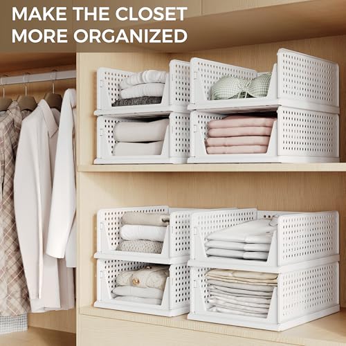 6 Pack Stackable Plastic Closet Organizer Bins - White, Large