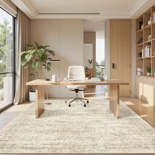 Beige 5x7 Area Rug - Washable Low-Pile Geometric Faded Style Non-Slip Home Decor