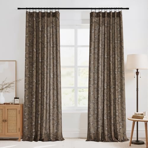 Brown Linen Farmhouse Floral Curtains - 90 Inch, 2 Panels, Khaki Variation
