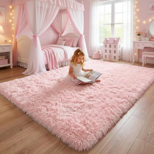 Pink Shag Plush Area Rug 6x9 for Kids Bedroom Nursery Classroom - Non-Slip
