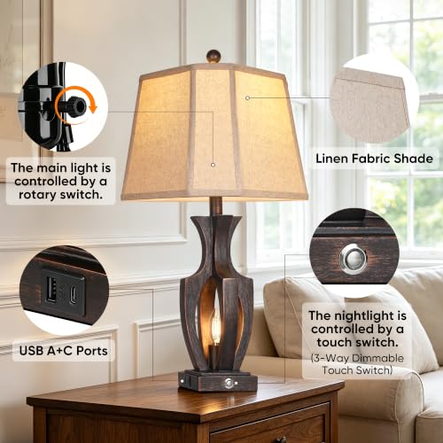 Farmhouse Table Lamps Set of 2 - 26 Inch Dimmable Nightstand Lamps with USB Ports - Bronze
