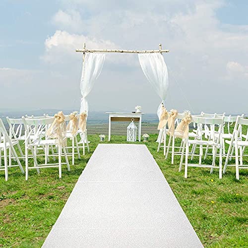 White Wedding Aisle Runner 3x50 Ft - Disposable Scroll Pattern, Includes Tape