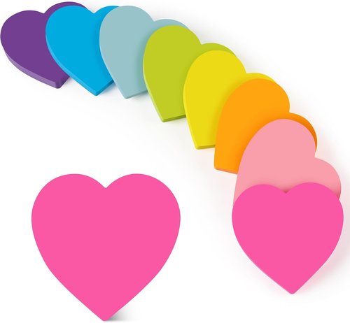 Heart Sticky Notes - 3x3 Inch, 8 Pads of Super Cute Bright Color with Strong Adhesive | 82 Sheets Each