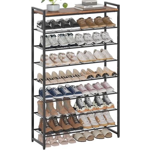 Rustic Brown and Black 8-Tier Shoe Rack Organizer for 32-40 Pairs - Tall Metal Storage Shelf with Wood Top, Adjustable Boot Space, Narrow Entryway Closet