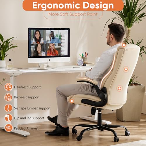 Beige Home Office Desk Chair High Back PU Leather Ergonomic Executive Chair with Flip-up Armrests
