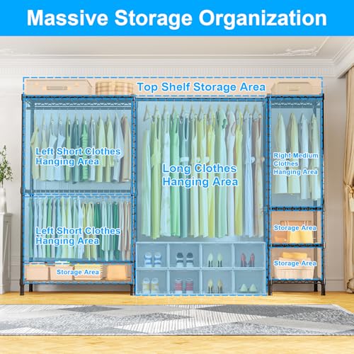 Heavy Duty Clothes Rack with Stretchable Hanger Rod - Black, Adjustable Freestanding Garment Storage System