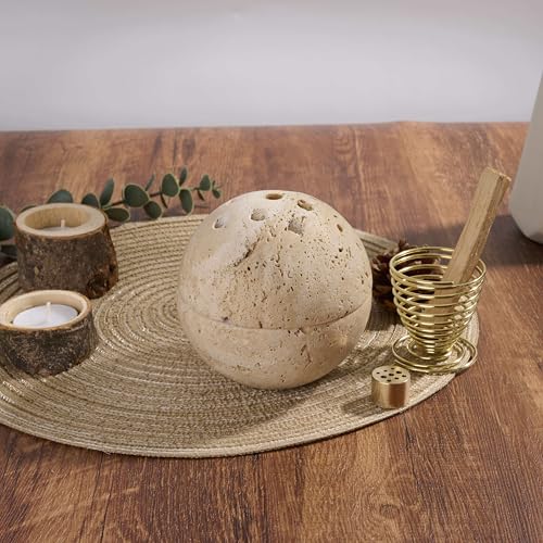Natural Travertine Stone Incense Burner with Brass Insert - Light Beige Handmade Home Decor & Relaxation