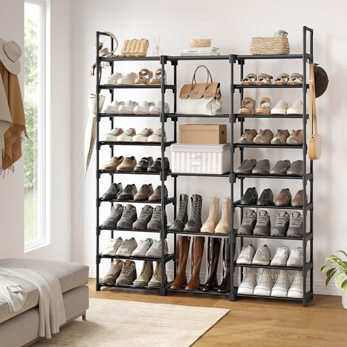 WOWLIVE 9-Tier Stackable Shoe Rack - 50-55 Pairs, Black, 3-Column Design