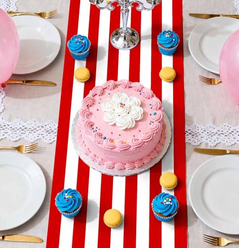 Red Striped Disposable Table Runner - Pack of 12, 14x108 Inch for Party & Wedding