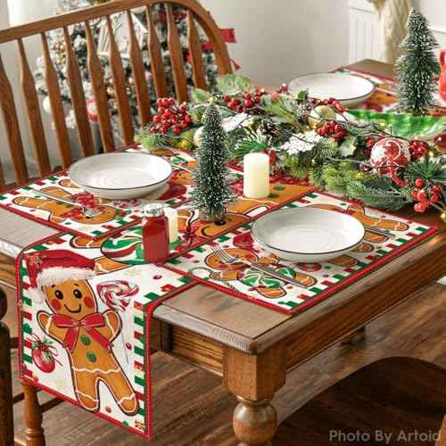 Artoid Mode Gingerbread Candy Cane Christmas Placemats Set of 4, 12x18 Inch Seasonal Table Mats for Party Kitchen Dining Decoration
