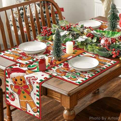 Artoid Mode Gingerbread Candy Cane Christmas Placemats Set of 4, 12x18 Inch Seasonal Table Decor