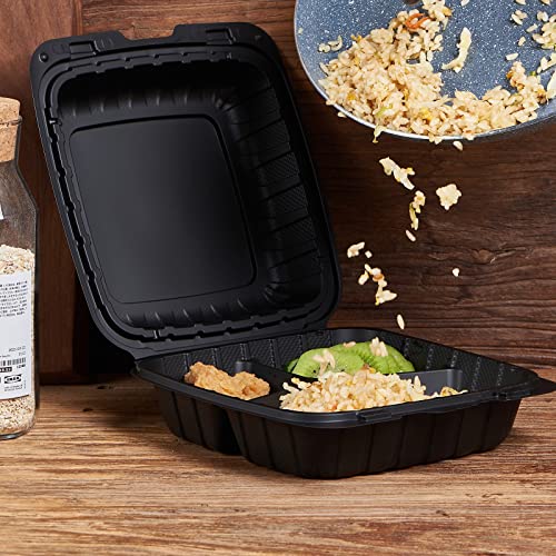 Jaluxing 8X8 3-Compartment Plastic Takeout Food Trays - 50 Pack, Heavy Duty Hinged Containers with Secure Snap Lid - Variation JLX--PP883B-3C