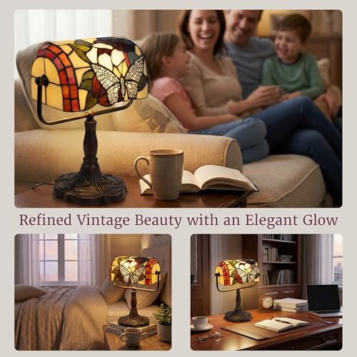 Multicolor Tiffany Style Bankers Desk Lamp with Stained Glass Butterfly Shade