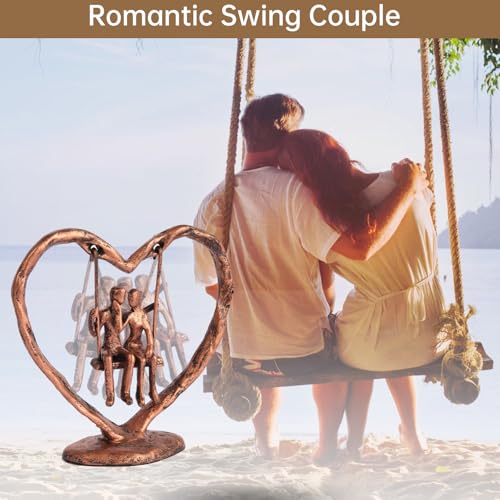 Antique Copper Wedding Anniversary Couple Sculpture - Heart Swing Figurine Gift