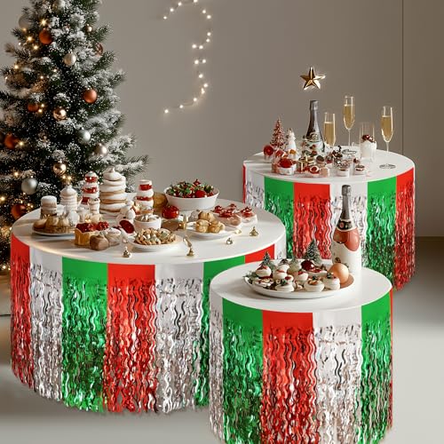 Watch Me Fly 2 Pack Holiday Table Skirts - Red, Green & Silver Metallic Fringe, 30x108 Inches