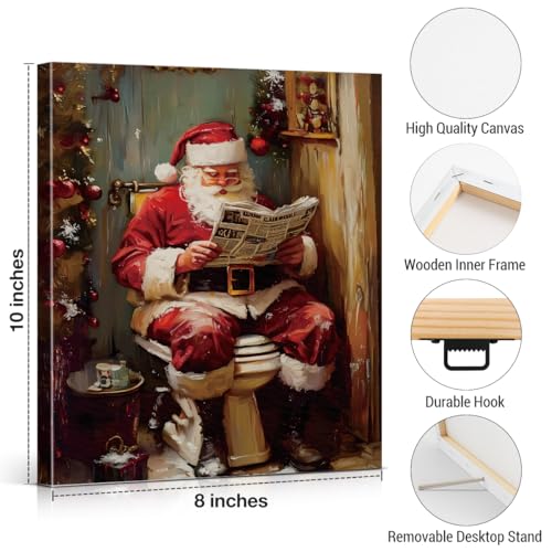 XIPLUM Funny Christmas Bathroom Canvas Wall Art Framed Santa on Toilet 8x10 in - Holiday Humorous Poster
