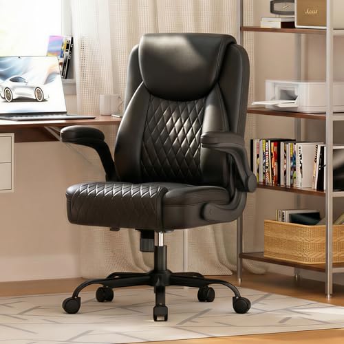 GTPLAYER Charcoal Black PU Leather Office Chair with Flip-up Arms, Ergonomic Home Desk Chair