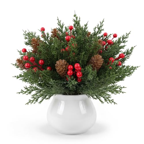 45 Pcs Christmas Artificial Pine Branches with Red Berries & Pine Cones - Holiday Decor