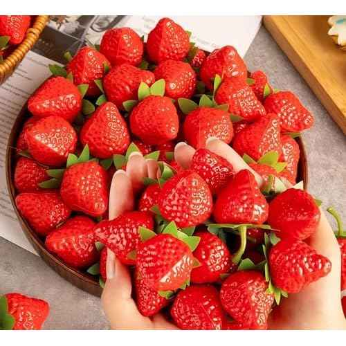 20PCS Artificial Strawberry Plastic Strawberries Lifelike Fruit Home Kitchen Cabinet Ornament Party Photography Prop Halloween and Christmas Decorations