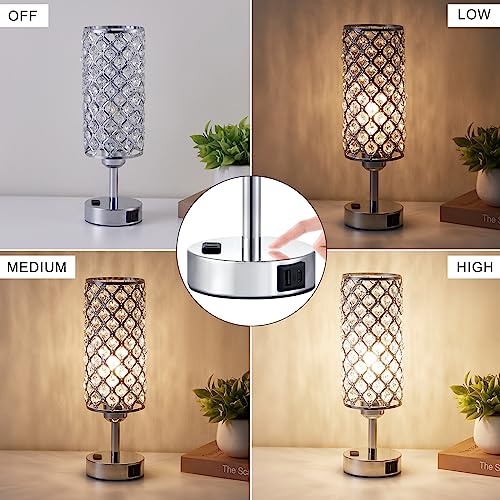Silver Crystal Lamps Set of 2 - 3-Way Dimmable Touch Nightstand Lamps - Upgrade USB Charging