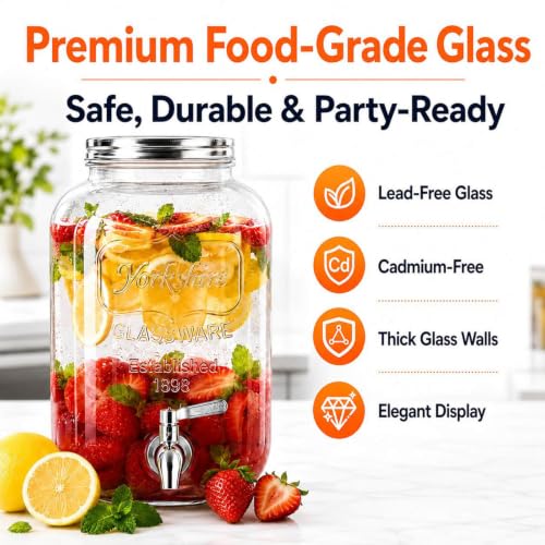 2 Gallon Glass Drink Dispensers with Stand - 2 Pack for Parties & Events