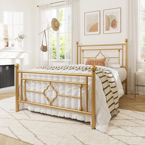 Allewie Twin Size Gold Metal Platform Bed Frame with Victorian Headboard