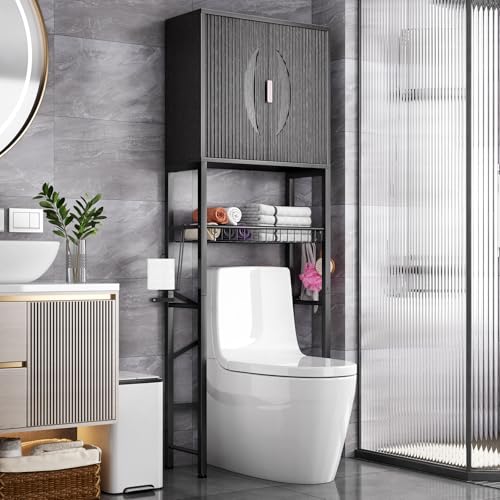 Over The Toilet Storage Cabinet with Fluted Wave Doors and Adjustable Shelves - Black - Freestanding Bathroom Organizer
