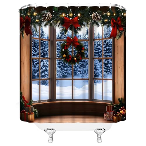 Blue Winter Christmas Shower Curtain 70x70 Inches with Hooks - Holiday Bathroom Decor