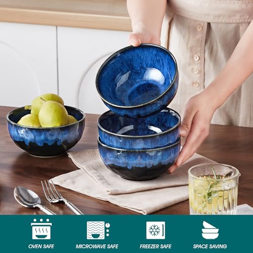 5.8 Inch Navy Blue Starry Ceramic Soup Bowl - Set of 4, Microwave & Dishwasher Safe