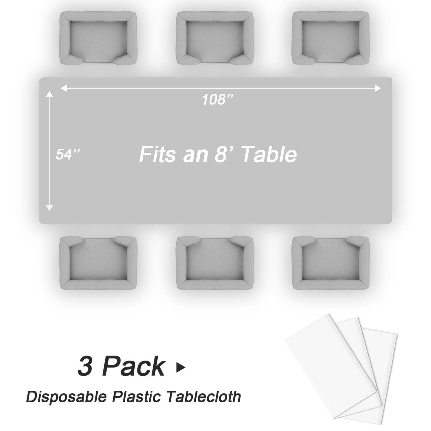 QIKSION White Plastic Table Cloth Disposable 3 Pack, 54 x 108 Inch Tablecloths for Party, Picnic, Birthday, Rectangle Table Cover