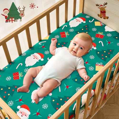 Christmas Crib Sheet for Baby Boys Girls 52 x 28 Inches Santa Claus Fitted Crib Sheets for Standard Crib and Toddler Mattress,Baby Sheet Newborn Bedding Nursery Mattress Cover Soft Green Fitted Sheet