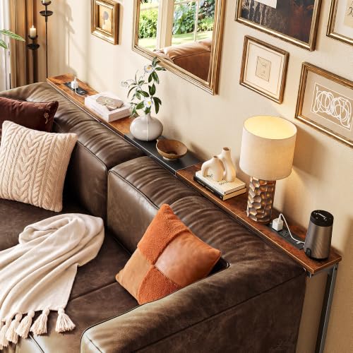 Huuger Extendable Behind Couch Table with Outlets, Rustic Brown 63.4-78.3"