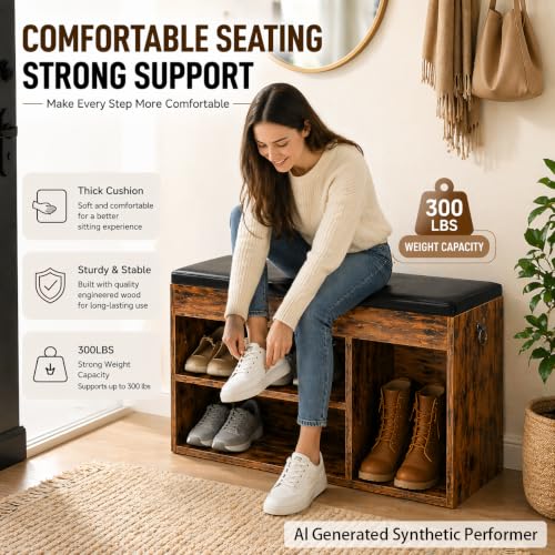 Entryway Shoe Storage Bench with Cushion - Rustic Brown & Black, 32.3"