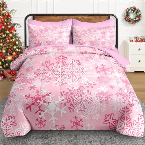 WeCozy King Pink Snowflake Comforter Set with Sheets - 7 Pieces