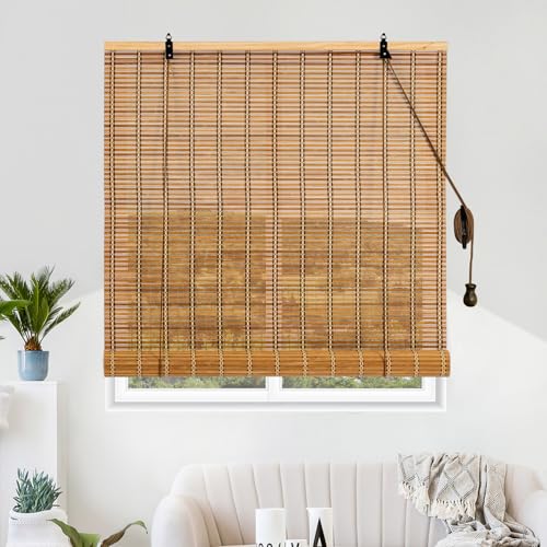 Vteyeya Bamboo Roller Shade 60"W x 72"H Outdoor Blinds for Porch & Window Privacy