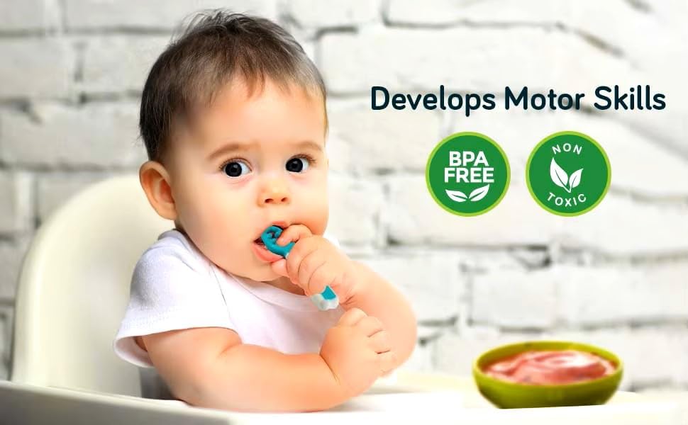 Skiennix Baby Spoons - Silicone Pre-Spoons for 6+ Months | Perfect for Baby-Led Weaning - Set of 2, Teal/White