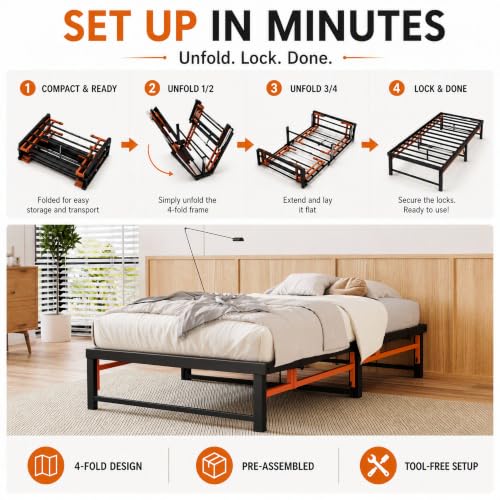 Twin Size Folding Bed Frame - Quad-Fold, Tool-Free Assembly, Under-Bed Storage