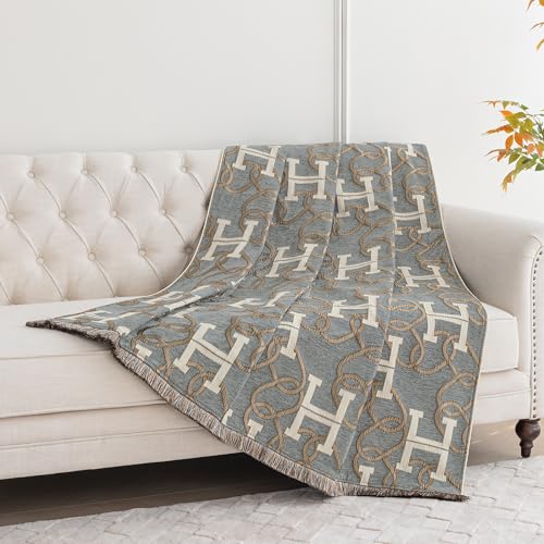 Jacquard Letter H Throw Blanket for Couch - Gray with Green Undertones, 52x72
