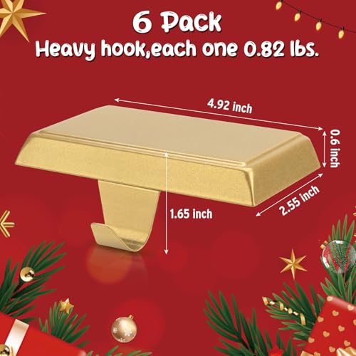 SUNEZLGO 6-Pack Gold Christmas Stocking Holders for Mantle - Weighted Metal Hooks with Pad