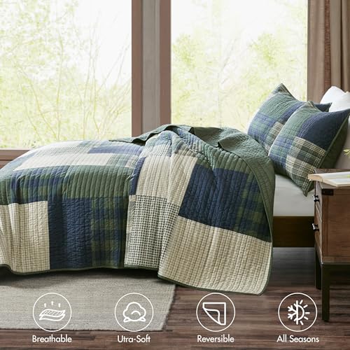 Woolrich Mill Creek Reversible Quilt Set - Oversized Green Full/Queen, All-Season Cotton Coverlet & Matching Shams