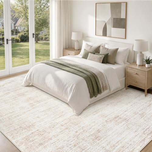 Beige 8x10 Washable Area Rug - Neutral Abstract Pattern, Non-Slip Backing