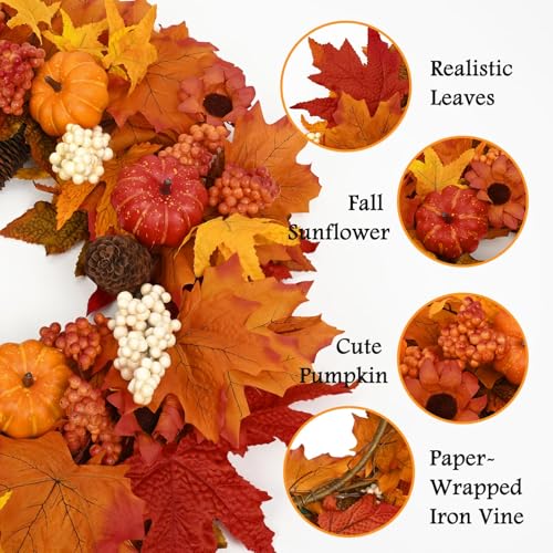 22 Inch Fall Wreath with Lights - Autumn Front Door Decor, 1 Pack