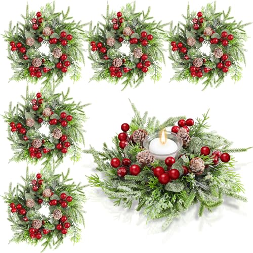 Lyrow 6 Pcs Christmas Candle Ring Wreath Small Kitchen Table Decor - Faux Berries & Pinecones