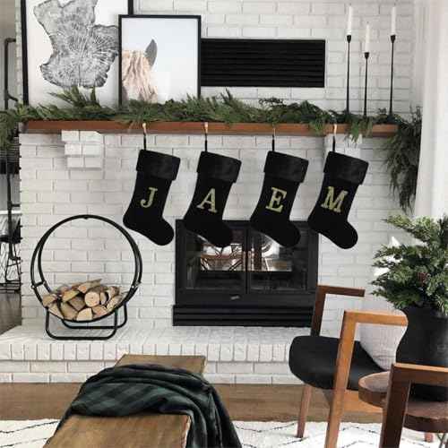 20 Inches Initial Monogram Christmas Stocking Personalized,Deluxe Black Velvet Body with Super Soft Plush Cuff Embroidered Letter,Holiday Season Decor£¨Black-Paw£©