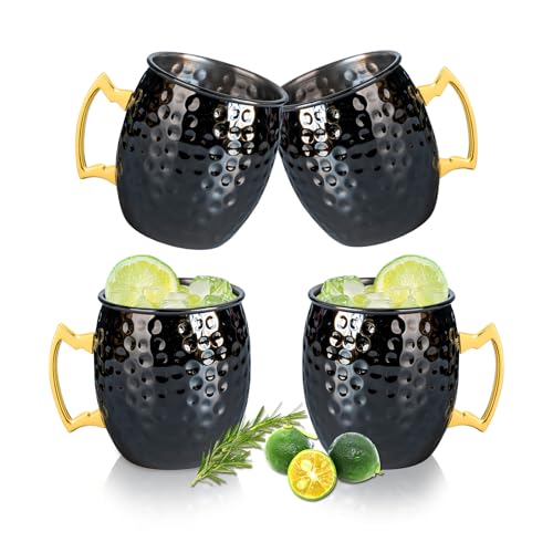 UNISWEET 4 Pack Moscow Mule Mugs – Hammered Copper Exterior, 304 Stainless Steel Lining, Black Handle (16.91 oz each)