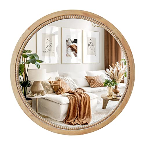 24-Inch Rustic Wood Circle Farmhouse Wall Mirror - Boho Bathroom Decor, Nature Finish
