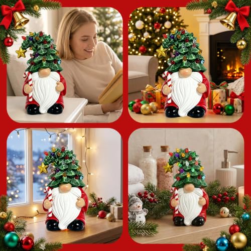 Lighted Christmas Tree Gnome Figurine - 7 Inch Table Decor with Pedestal - Resin Holiday Ornament