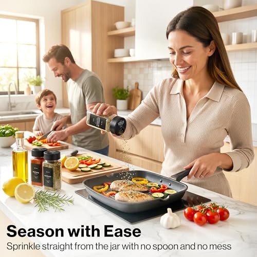 Glass Spice Jars Set with Labels & Black Lids - 24 x 4oz, Adjustable Opening