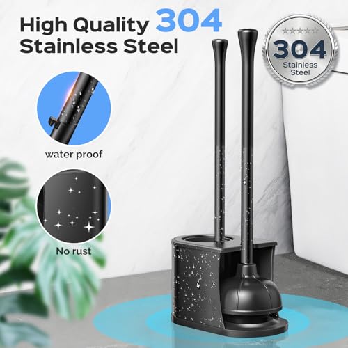 HAMITOR Black Stainless Steel Toilet Plunger and Brush Set 2-in-1 Compact Bathroom Cleaner